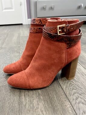 ZARA Rust Suede Ankle Boots Snakeskin Strap Block Heel Size 7